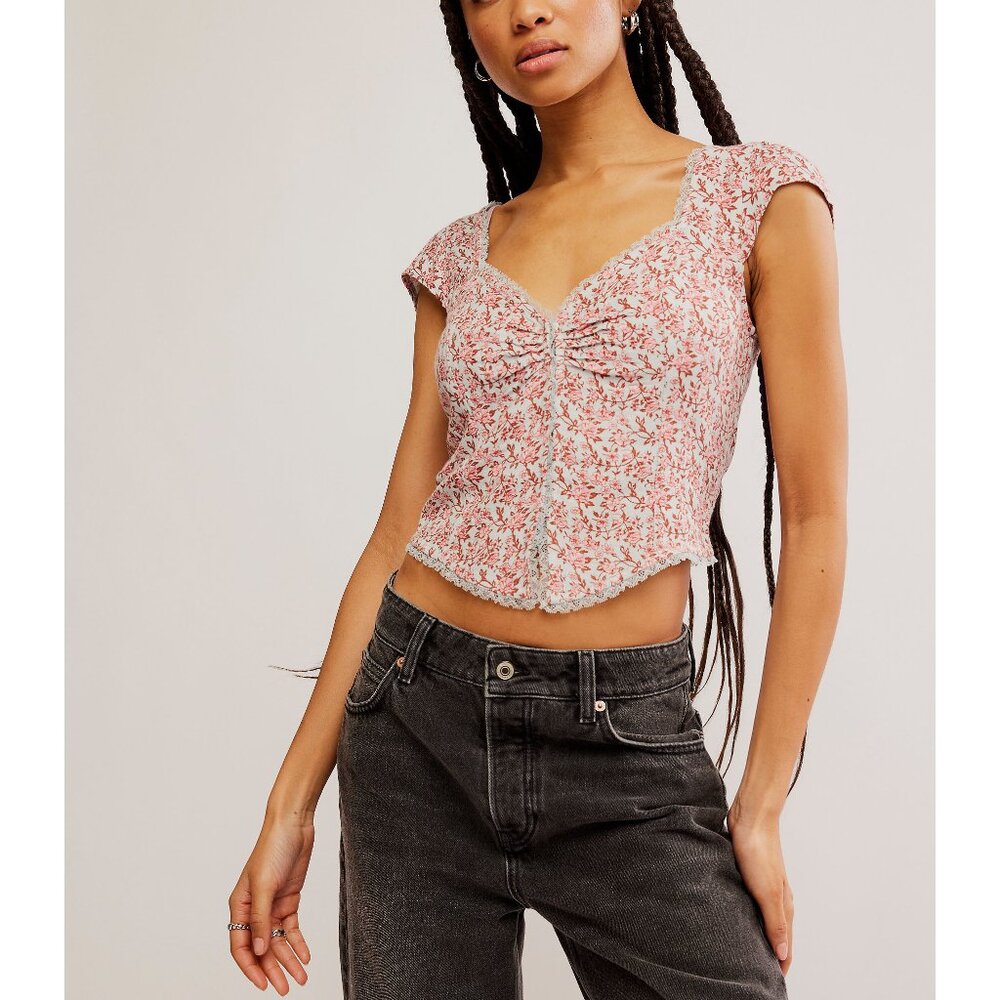 Free People Faye Floral Top-Gray Combo Size L - Picture 2 of 7